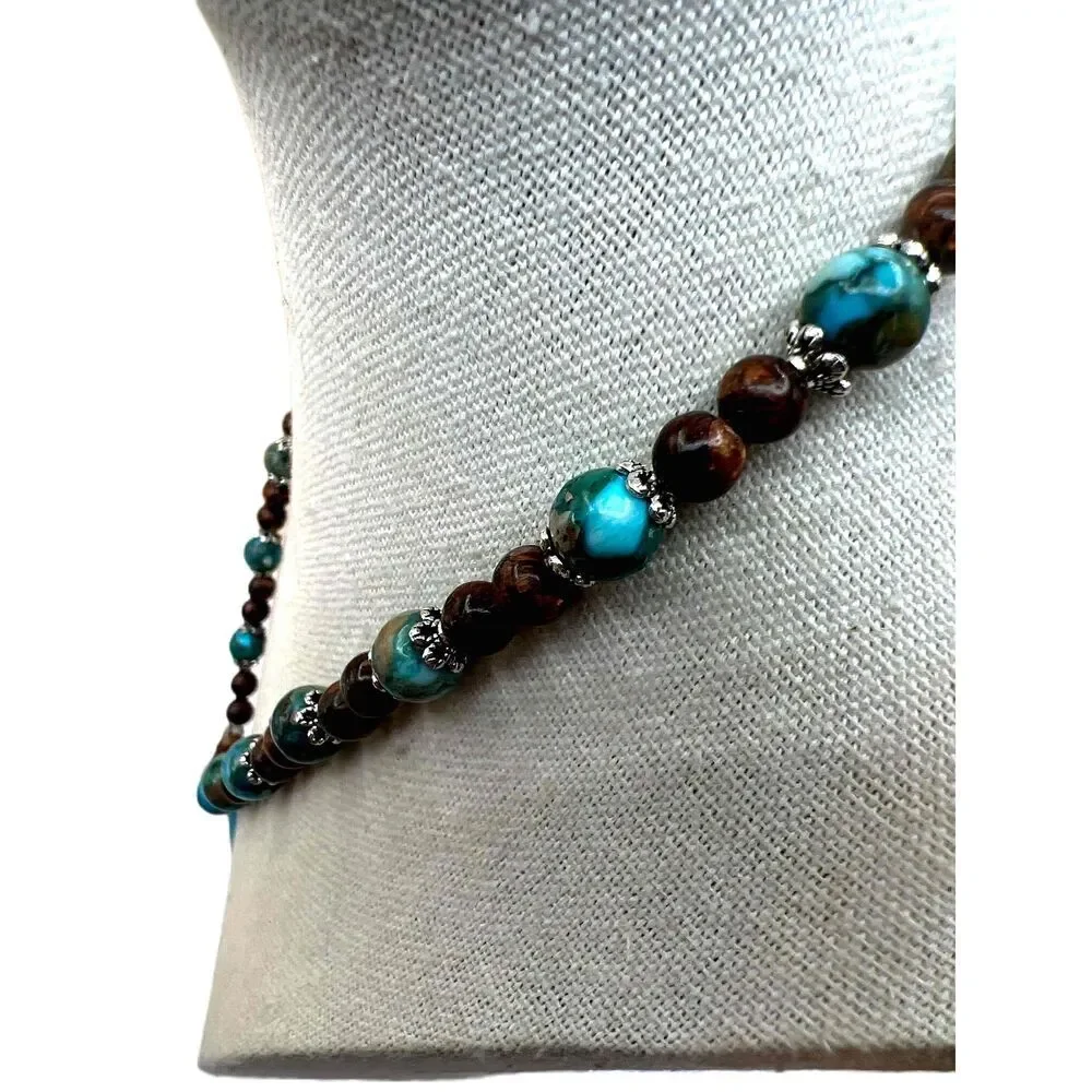 NEW Handmade Brown And Bluegreen Beaded Faux Turquoise Necklace - Picture 6 of 12